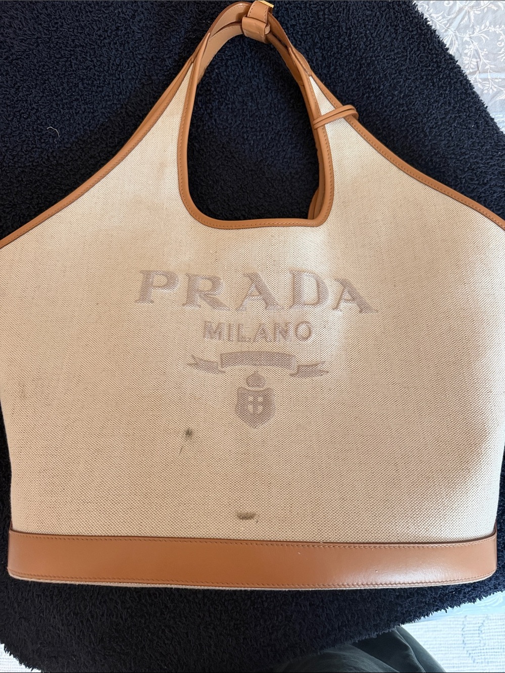 Prada Beige Canvas Tote with Tan Leather Trim